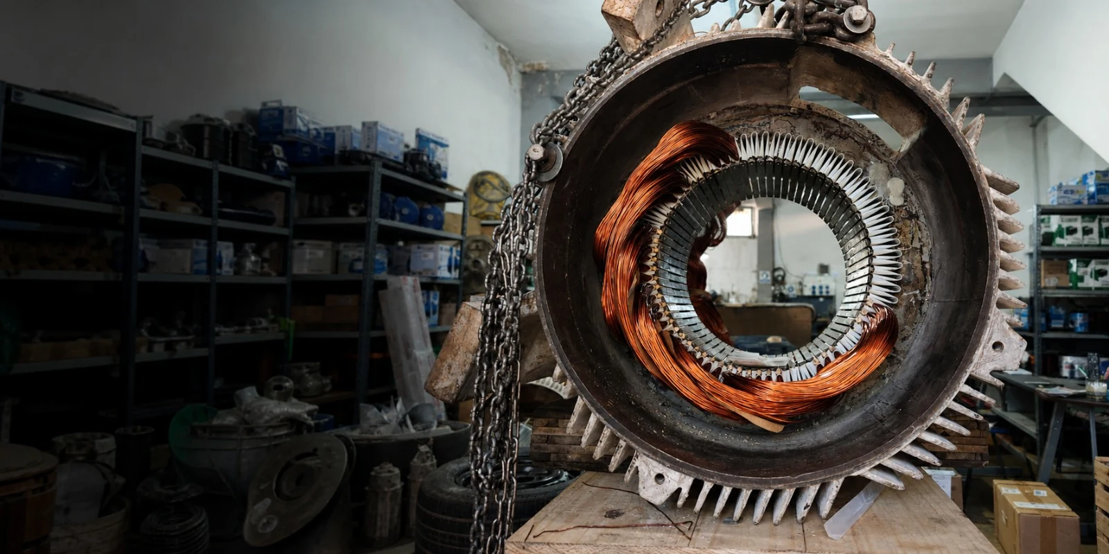 Estator de un motor eléctrico con bobinado de cobre en el taller de DINET